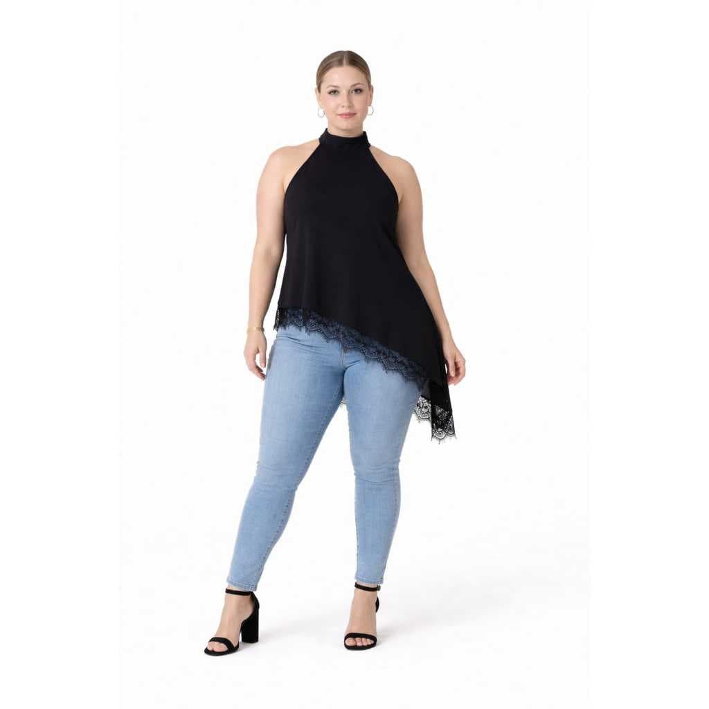Blusa Plus Size Assimétrica com Renda Gola Alta 44-50