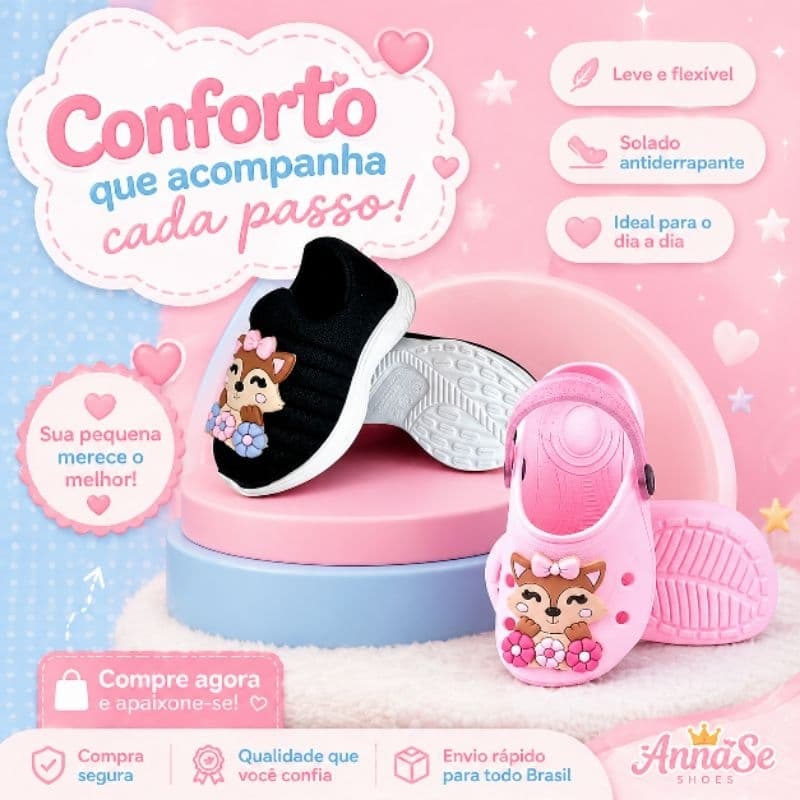 Kit infantil menina tênis calce fácil - babuche emborrachado antiaderente Raposinha Promoção