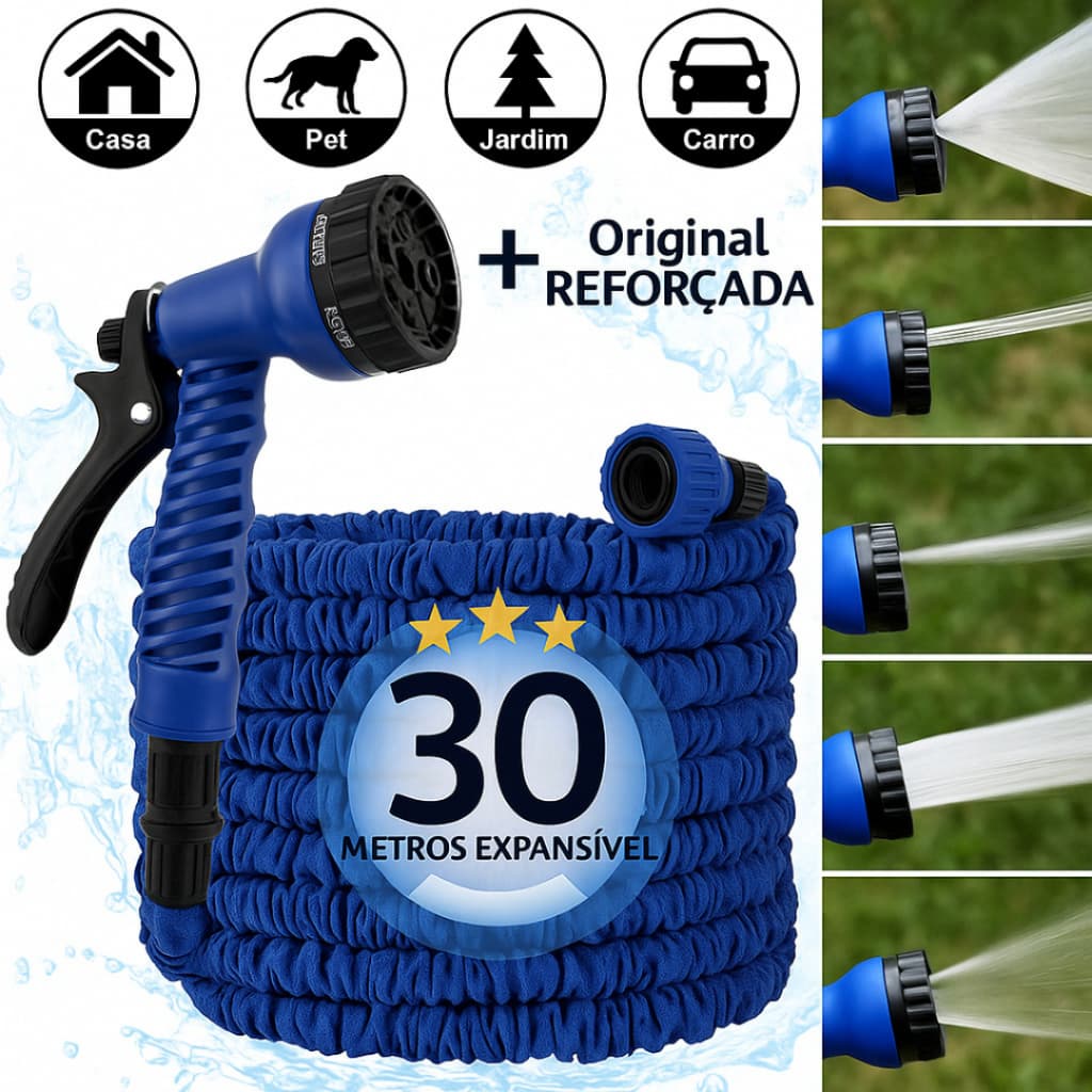 Mangueira Mágica 3x Retrátil 15/30/45m com Esguicho 7 Modos para Jardim e Carro