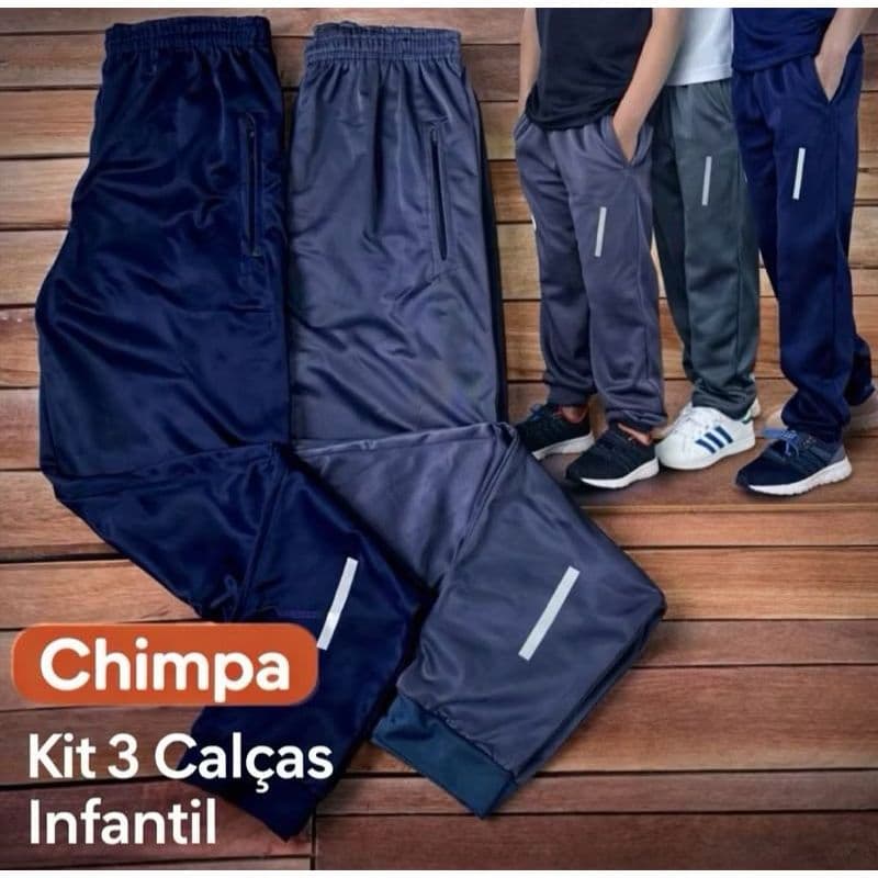 Kit 3 Calças Infantil Juvenil Preta e Azul Escola Inverno Chimpa Flanelado Jogger Tamanho 02 Ao 16