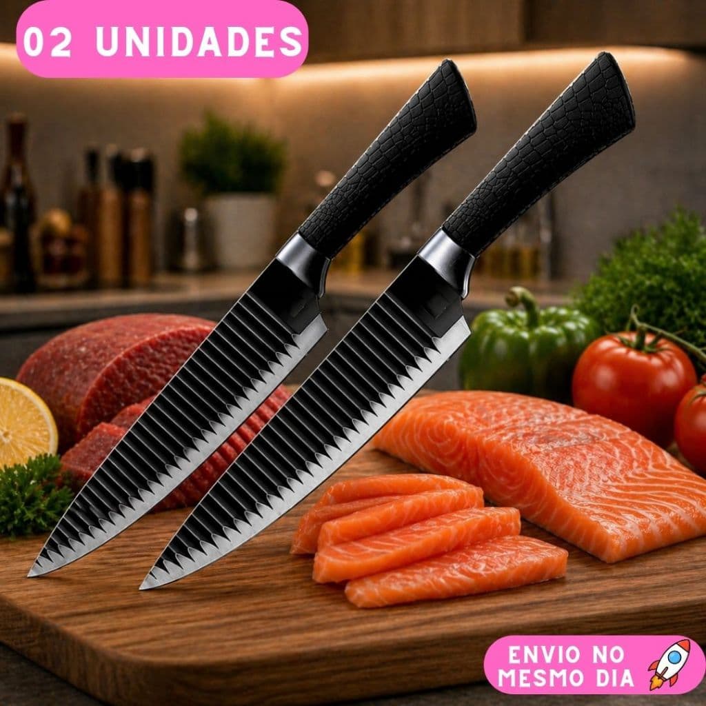 Kit 2 Faca Shark Chef Profissional Chef Profissional 8 Polegadas Aço Inox Carne Peixes e Legumes