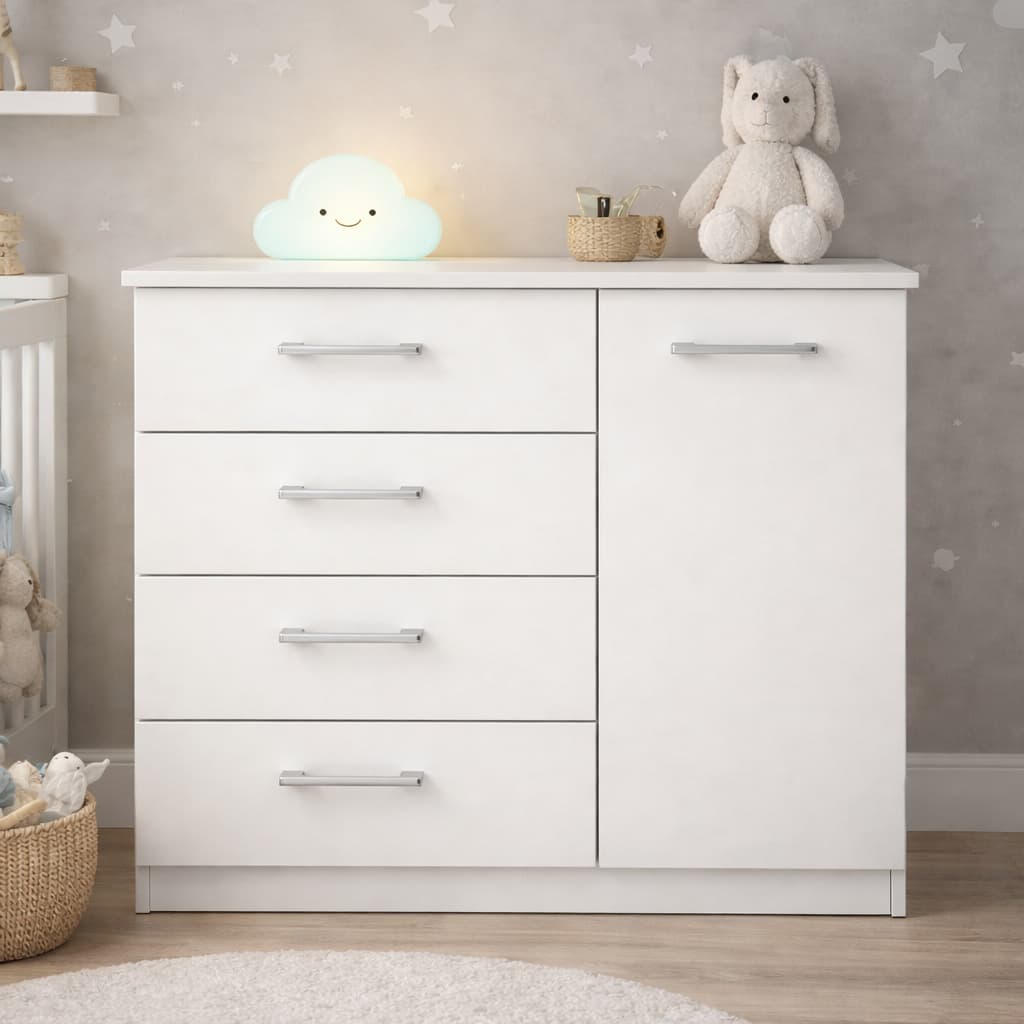 Cômoda 4 Gavetas 1 Porta Quarto com Prateleira Multiuso Linha Premium Baby Solteiro Casal Infantil