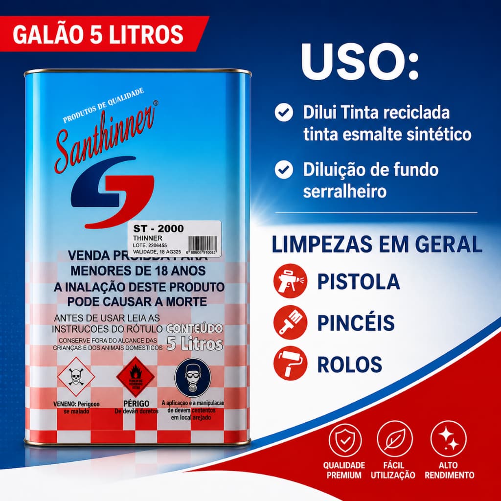 Thinner Tiner 5L Diluente Solvente Tintas Vernizes Seladores Limpeza Ferramentas Removedor Uso Geral