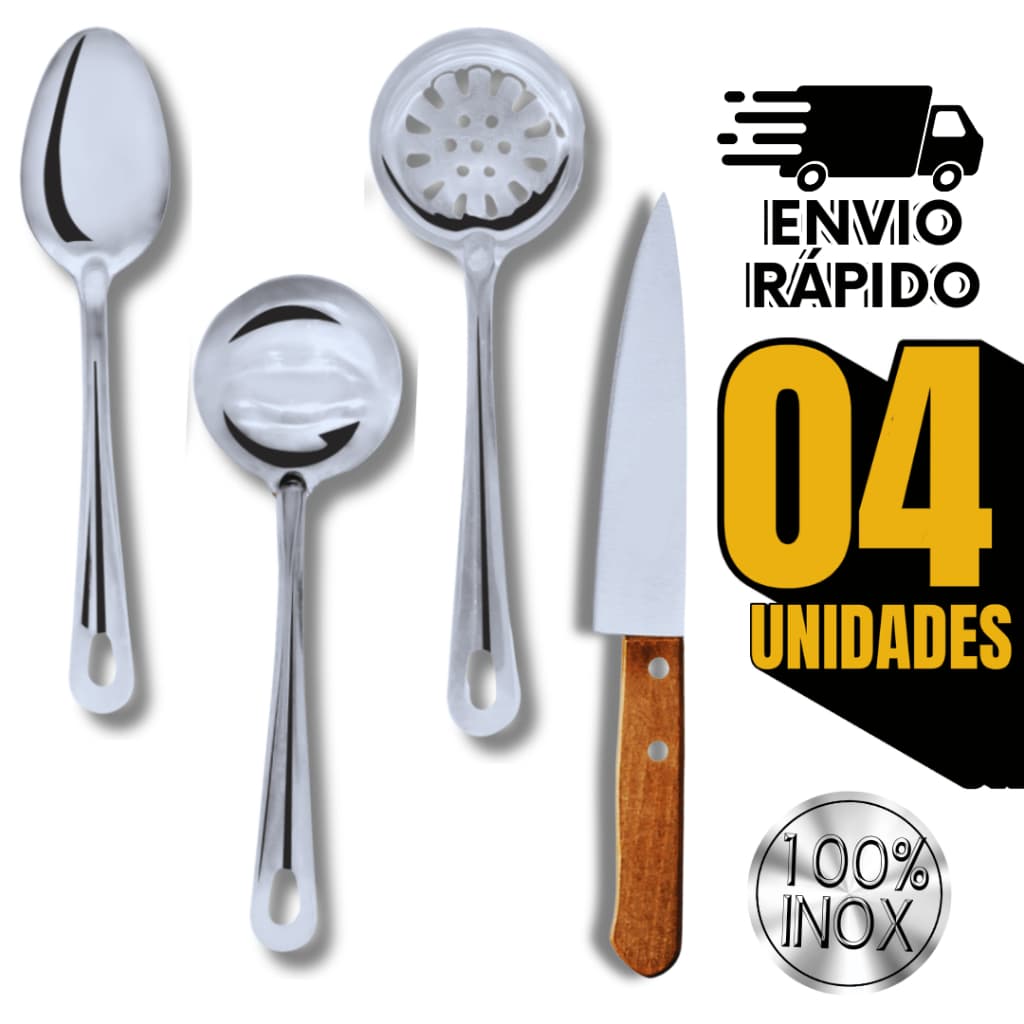 Combo Concha Feijão Colher de Arroz Escumadeira Inox Faca Multiuso Cozinha Restaurante Utensílios
