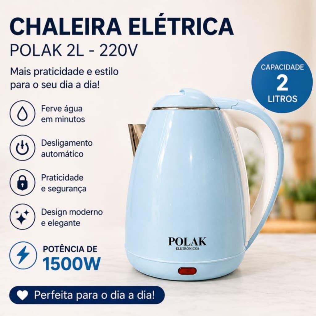 Chaleira Elétrica Polak 2L 220v PK7063 – 1500W | Design Moderno em Cores Elegantes