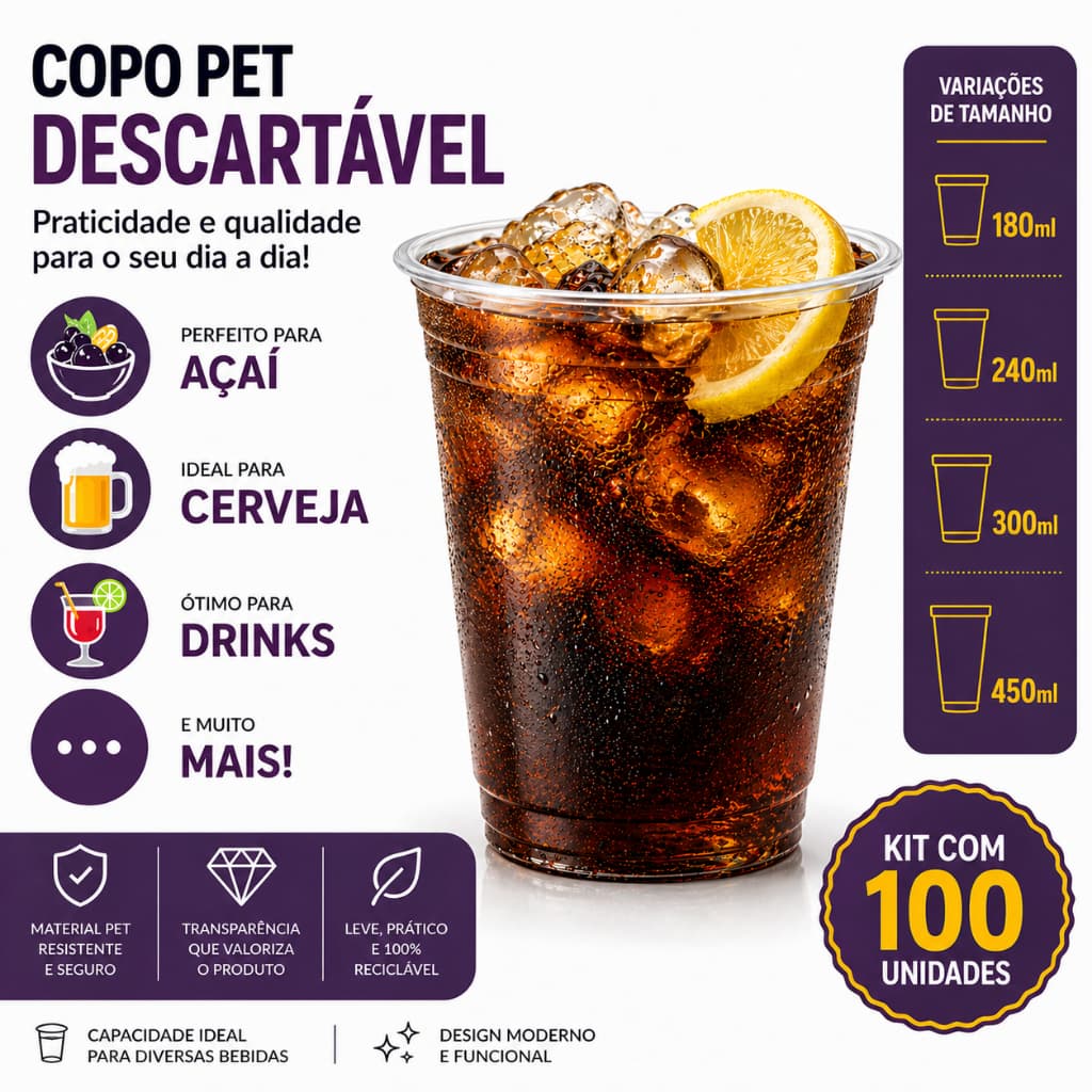 100 Copo Descartável Resistente Açaí Canjica  Drink Chopp Refrigerante Sucos Sorvete Água Transparente Liso