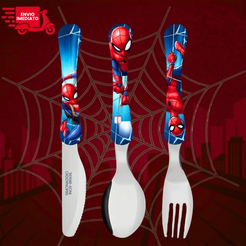 Colher + Garfo + Faca 3 Talheres Homem Aranha em Inox Disney Super Herói Infantil