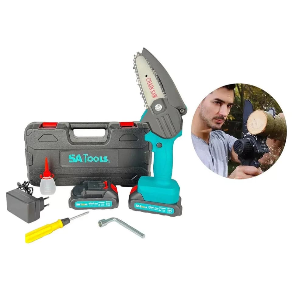 mini motosserra 24v com maleta e 2 baterias p/ podas cortes jardim