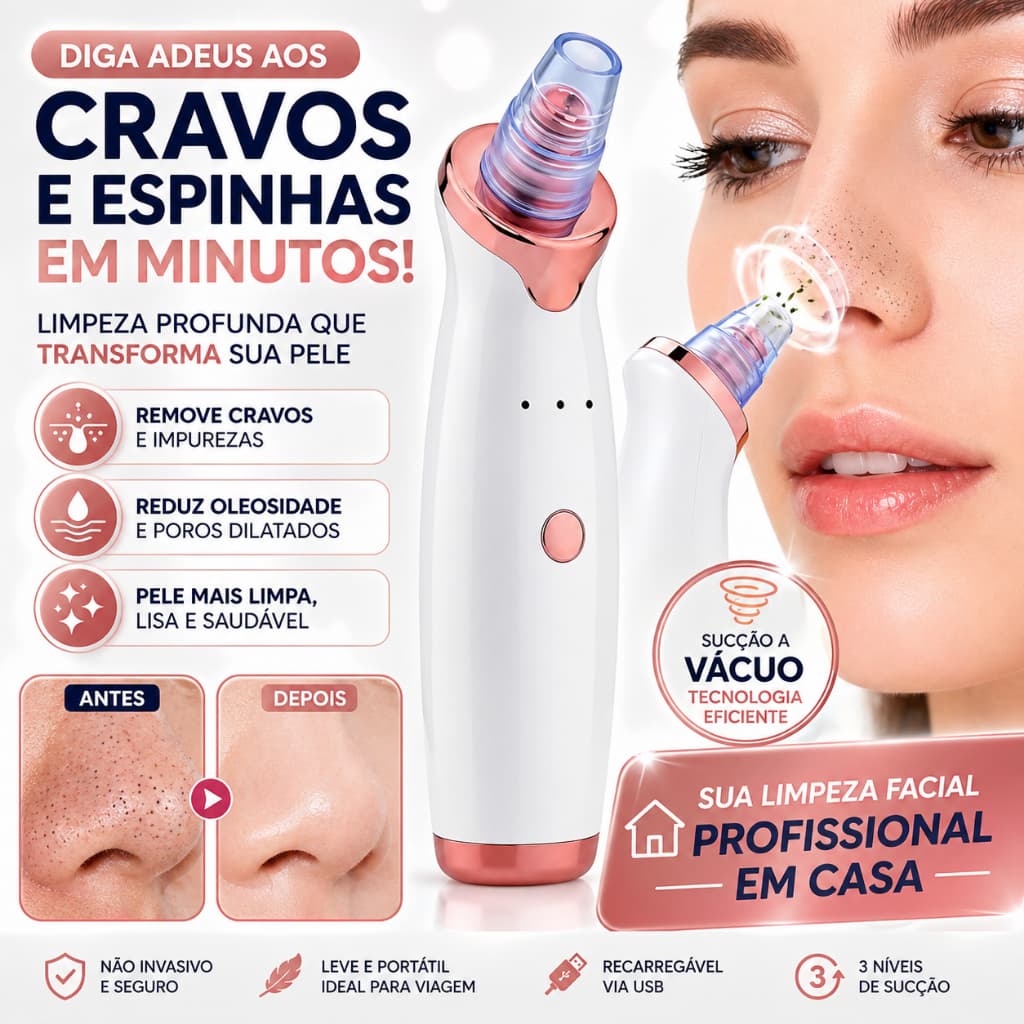Removedor de Cravos a Vácuo Recarregável USB Limpador de Poros Facial Espinhas Acne com 5 Ponteiras