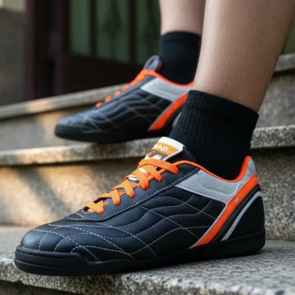 Chuteira Futebol Society Em Couro Legitimo Masculina Marca Campolina Chuteirinha Cor Preto Laranja
