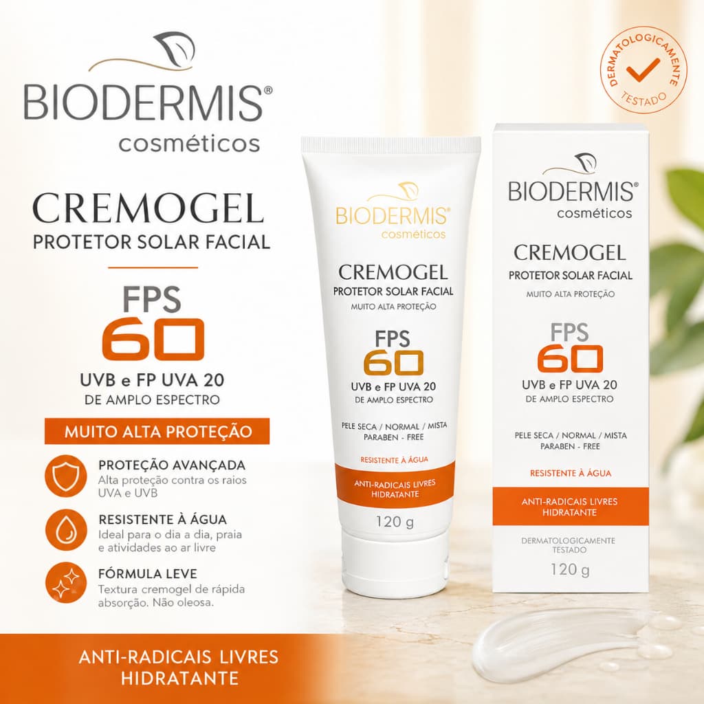 Protetor Solar Facial Alta Proteção Cremogel FPS 60 Pele Seca Normal e Mista Resistente A Água Biodermis