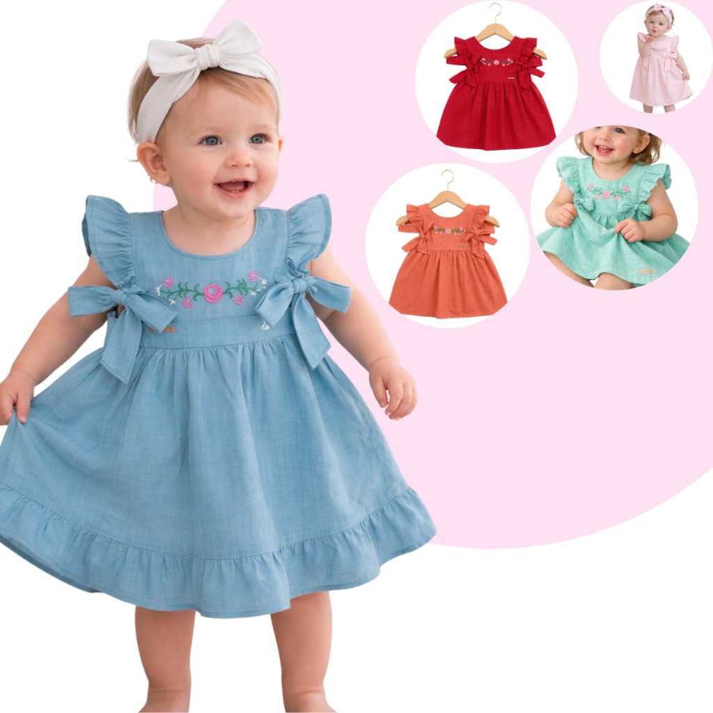 Vestido Baby Tricoline 100% Algodão com Bordado Floral e Manga Curta Vestido Bebê Menina com Laços Laterais