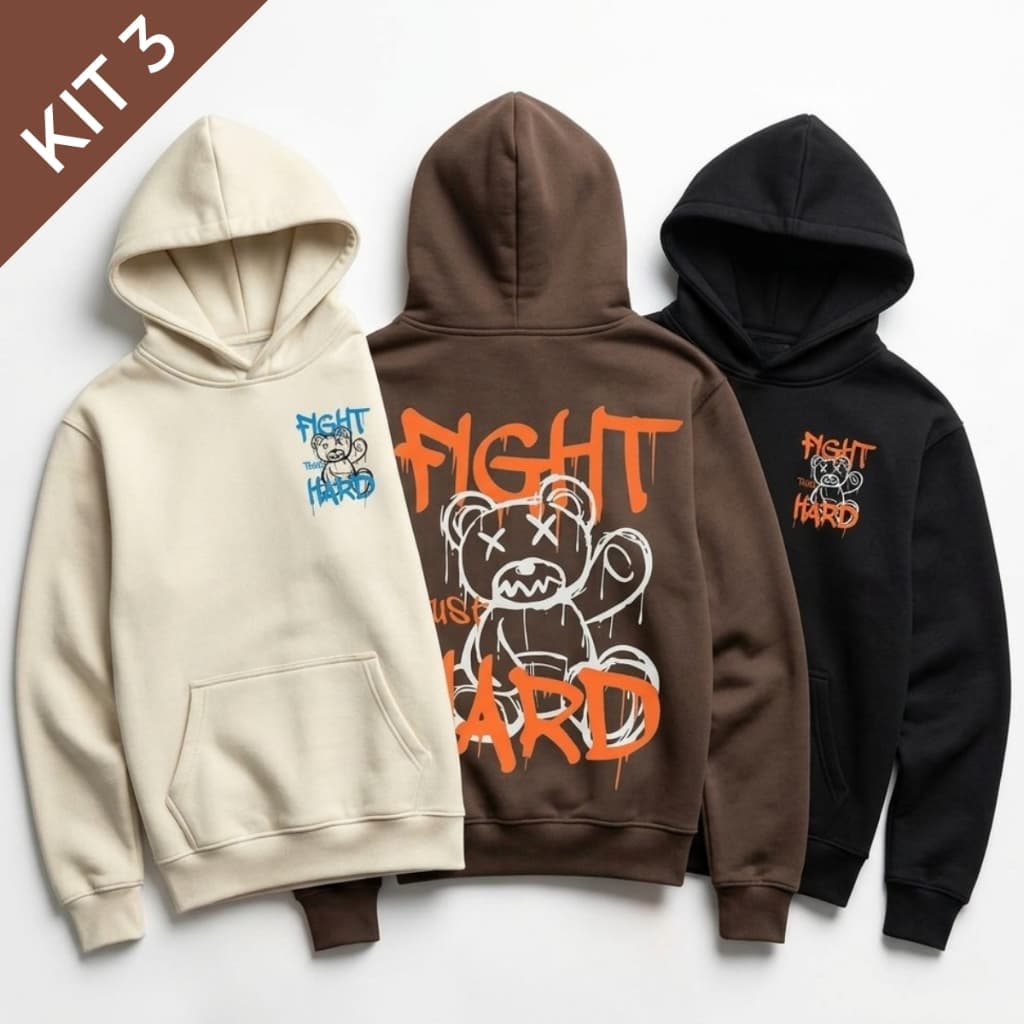 Kit 3 Moletom Canguru Streetwear Premium Unissex Estampado Com Capuz Blusa Frio Masculino Feminino