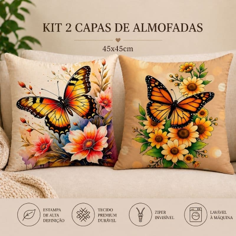 Kit 2 Capas de Almofadas Borboleta Floral 45x45cm