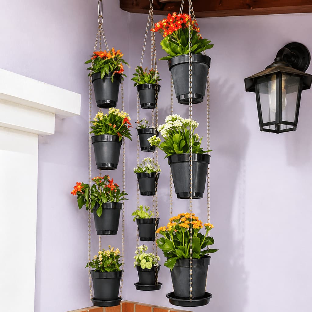Kit Vasos Suspensos com Corrente Jardim Vertical Prato Coletor 3 4 ou 5 Unidades Decorativo