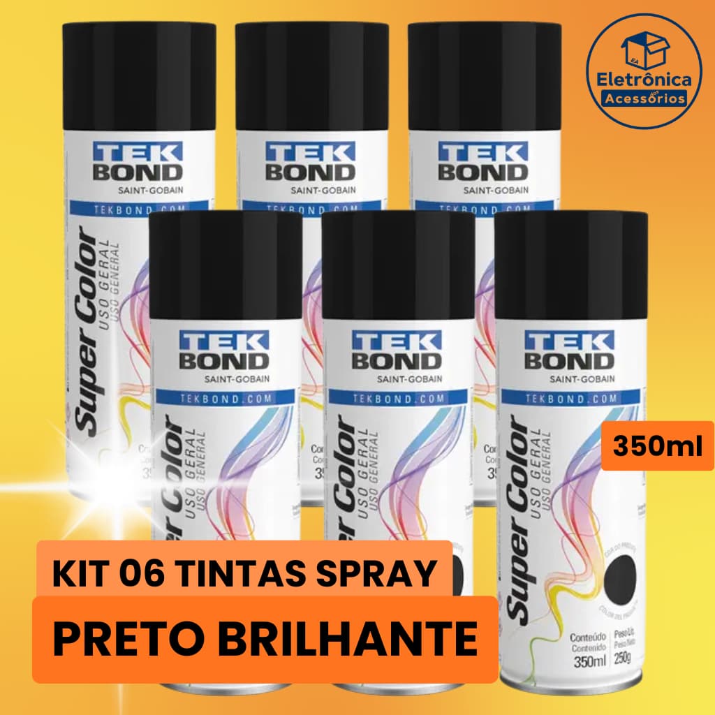 Kit 6 Tinta Spray Preto Brilhante Tekbond Super Color 350ml Tinta Aerossol Metal Madeira Uso Geral
