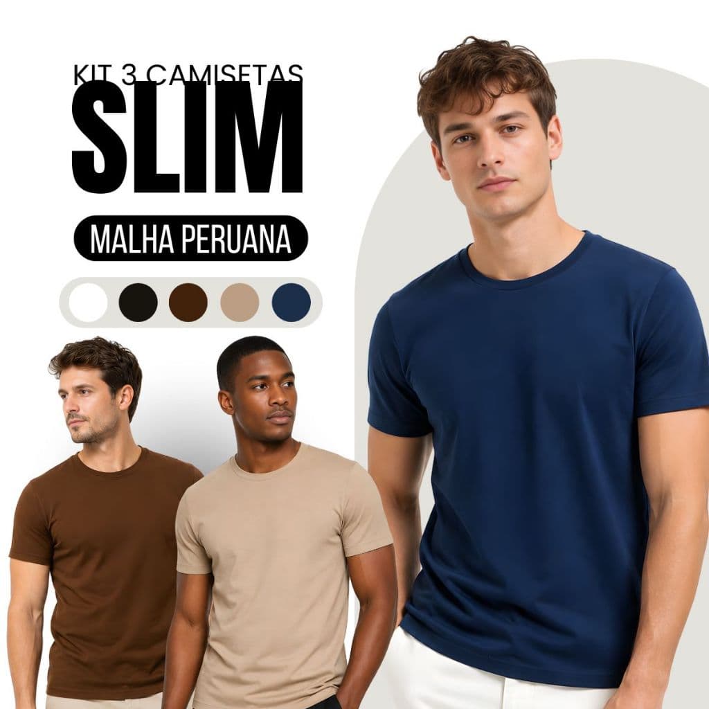 Kit  Camisetas Basica Slim Malha Peruana com Elastano Masculina Confortável Casual