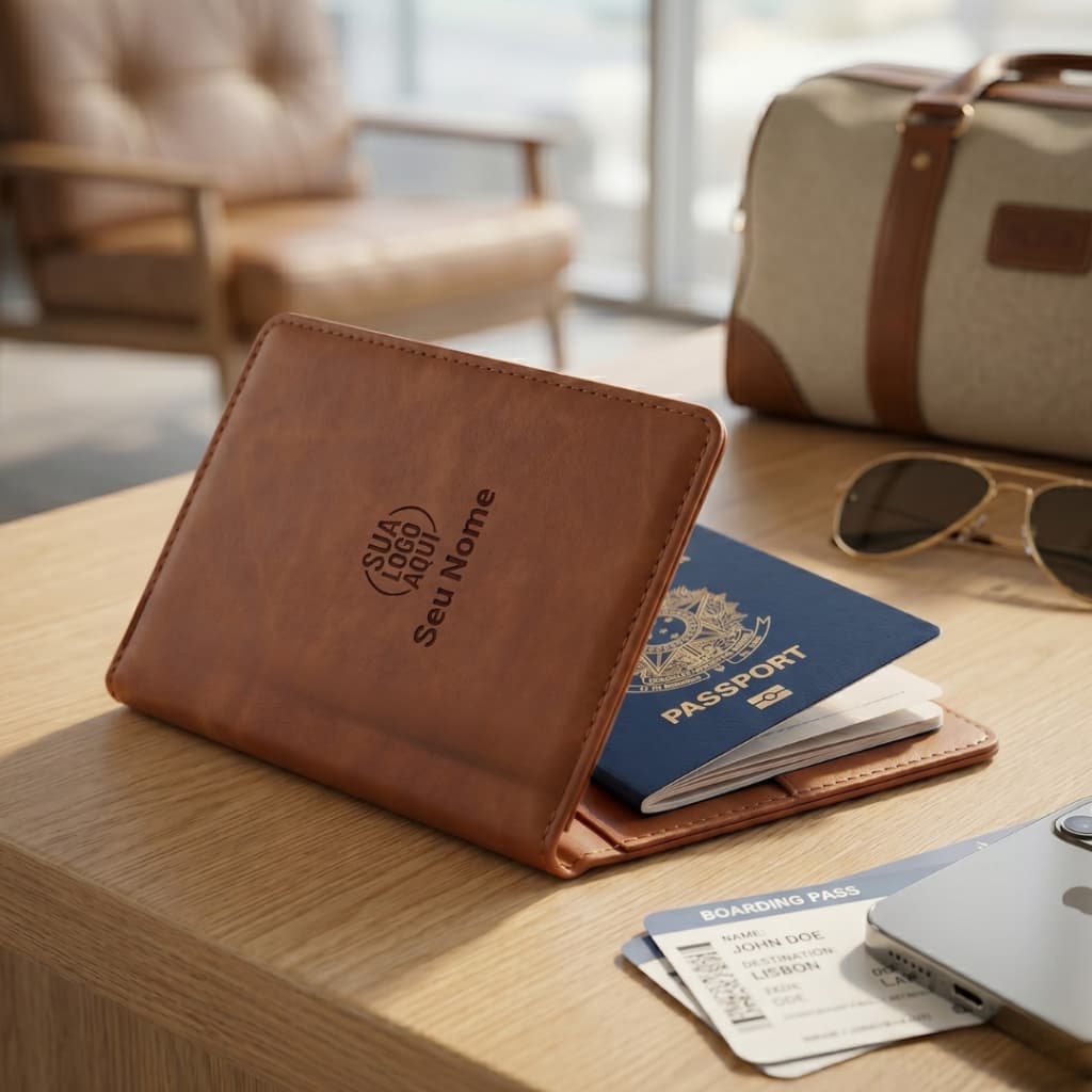 Porta Passaporte Personalizado Nome ou Logo Organizador de Viagem Couro com Proteção RFID