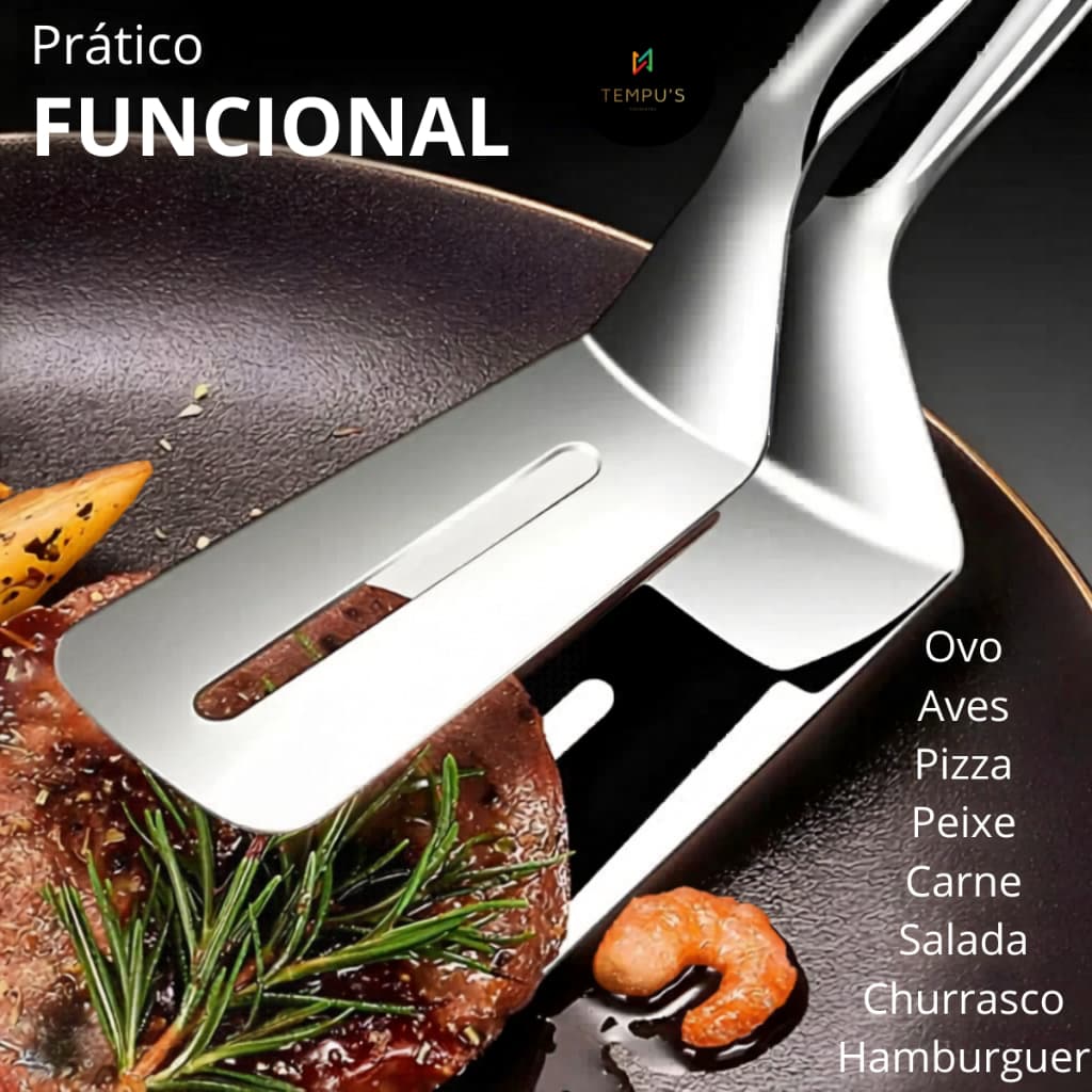 Kit 2 Pinça Espátula Pegadora Dupla Para Alimentos Inox 2 Em1 Mais Praticidade Versatilidade