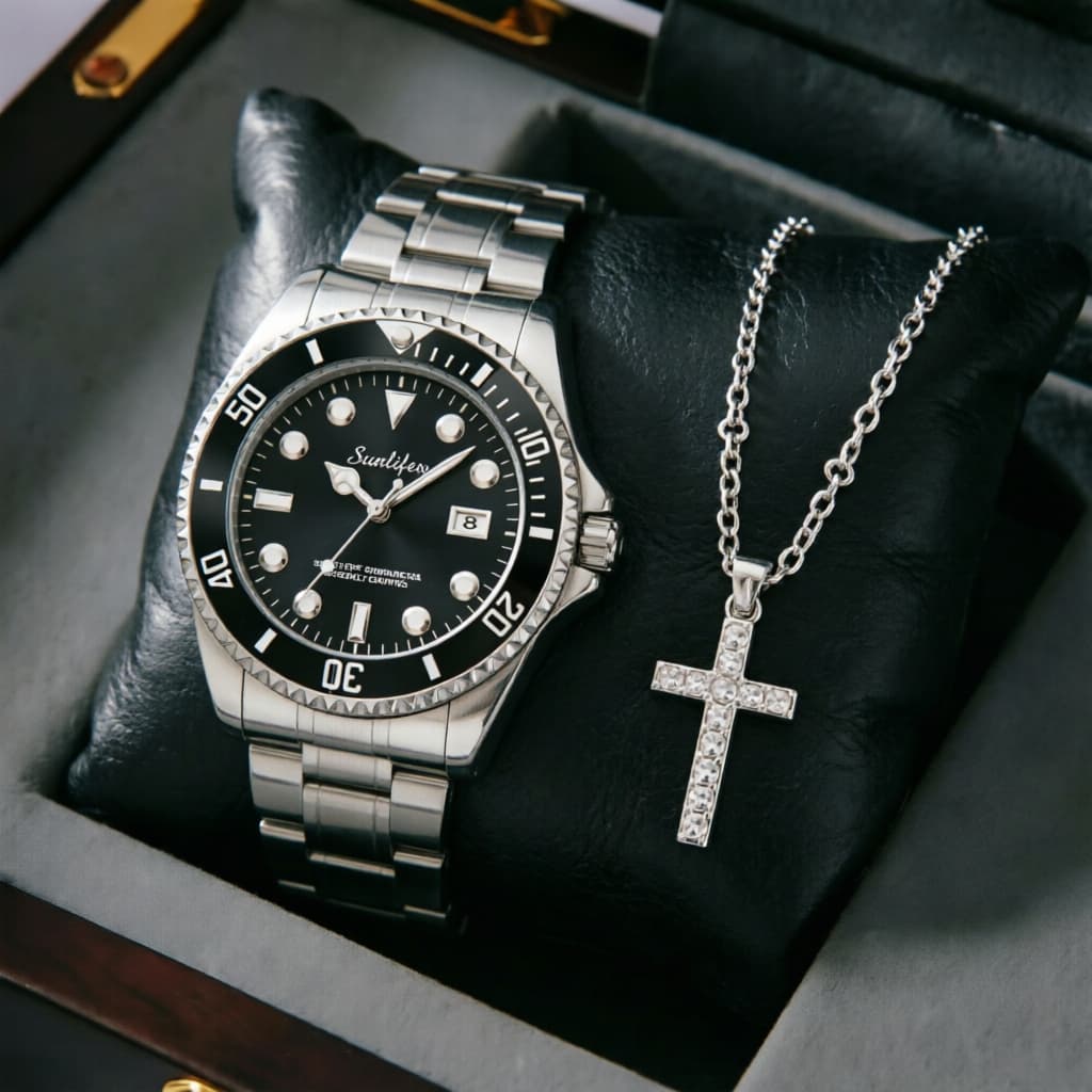Relógio Masculino Quartz em Aço Inoxidável Preto e Prata | Design Elegante e Luxuoso |9001|Indispensável para executivos