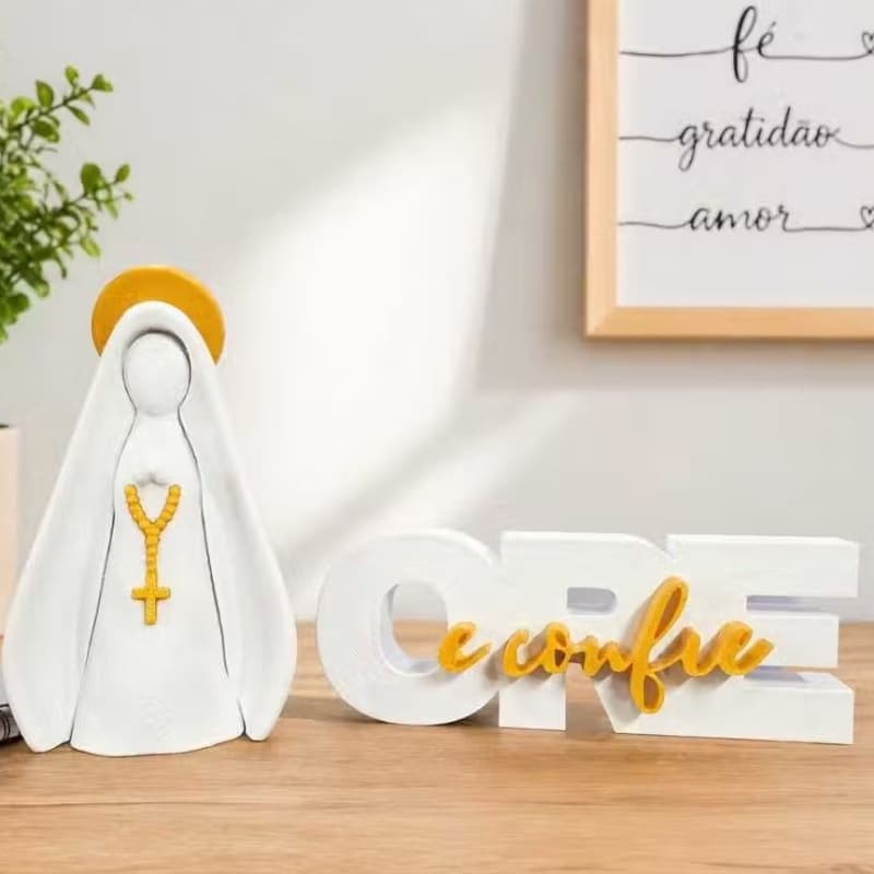 Kit Religioso Nossa Senhora com Terço + Frase Decorativa Ore e confie