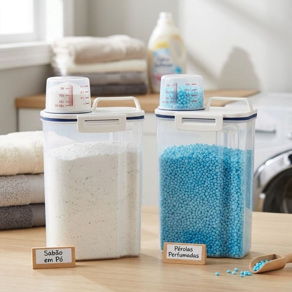 Dispenser de Lavanderia 2L com Dosador para Amaciante Sabão em Pó Liquido Kit 2 Potes Organizador