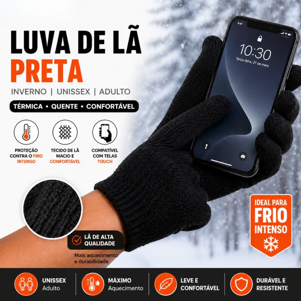 Kit Luvas de Lã Preta Inverno Unissex Adulto Térmica Quente Frio Intenso Confortável 1 , 3 e 5 Pares