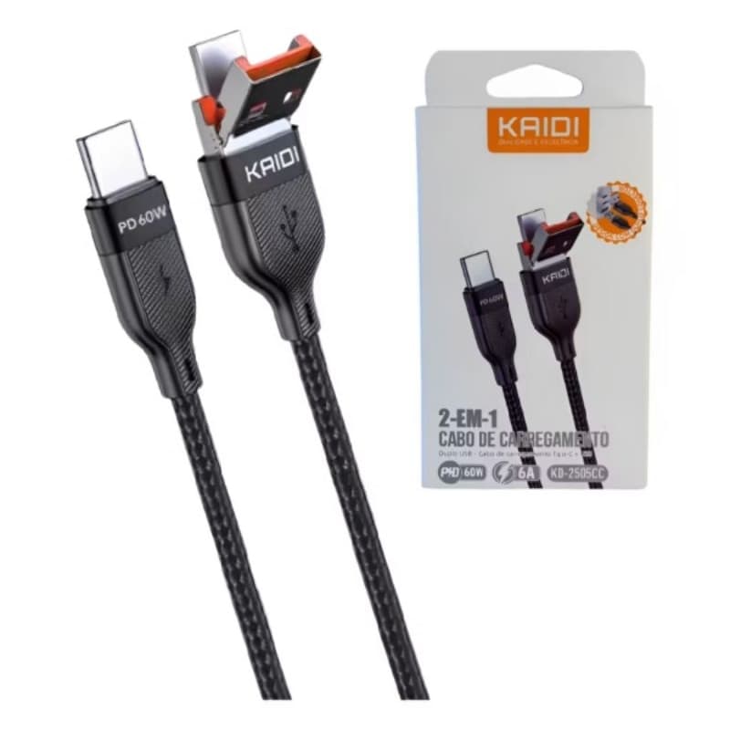 Cabo de Carregador Turbo 60W Duplo USB Tipo C / Lightning + PD 20W KAIDI