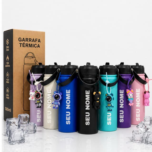 Garrafa Personalizada Térmica Aço Inox 500ml Seu Nome Logo Infantil Volta as Aulas Com Chaveiro Bico Duplo