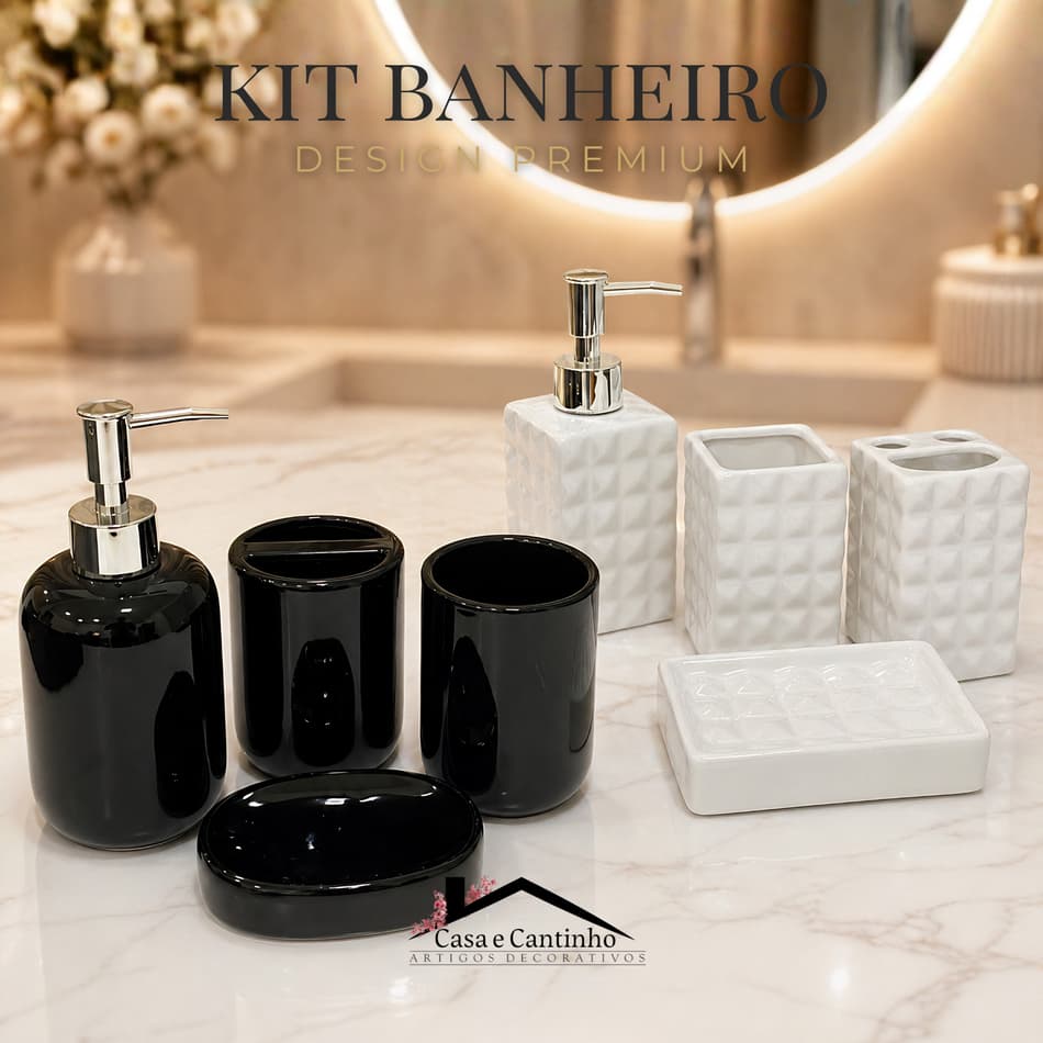 Kit 4 Peças Jogo de Banheiro Lavabo Porcelana Difusor Dispenser Sabonete Liquido Bandeja