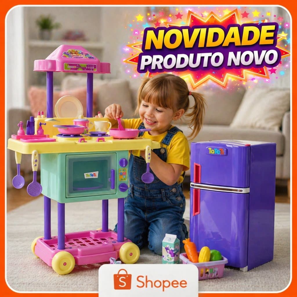 Kit Faz de Conta: Geladeira Mini Frost Color Roxa e Cozinha Riva Chef Completa Candy: TaTeTi