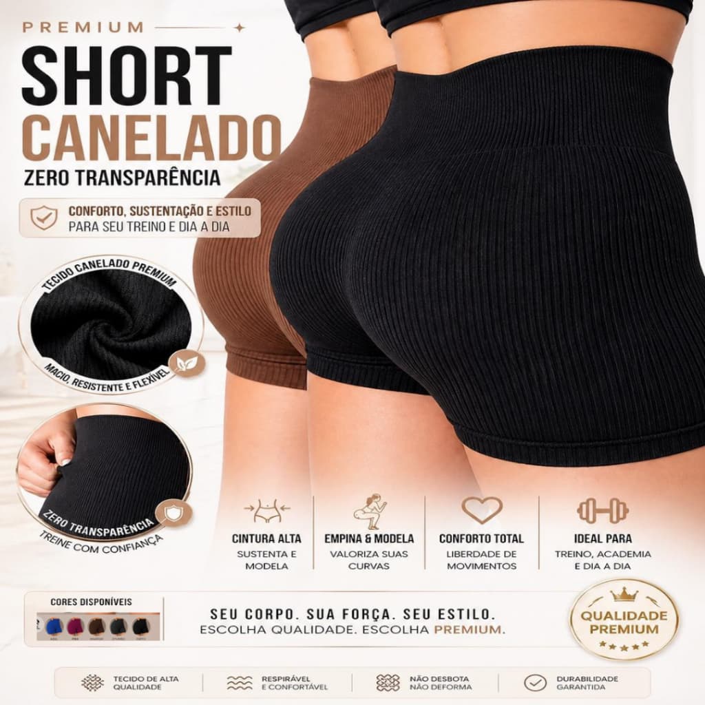 Short Feminino Fitness Cintura Alta Canelado 1/2/3 Secagem Rápida Zero Transparente Esportivo