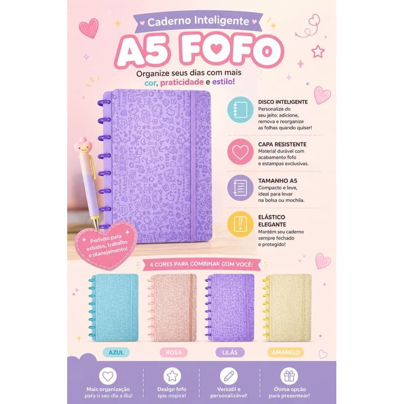Caderno Disco A5 - Capa Dura Fofa | Folhas Removíveis Estilo Caderno inteligente
