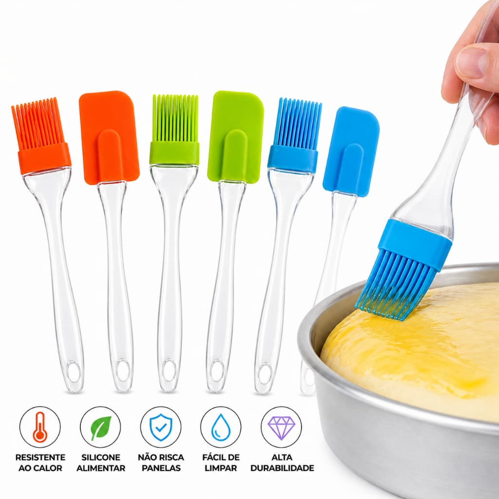 kit Espátula Pincel Silicone Cozinha Antiaderente Prático Culinário Resistente Calor Confeitaria