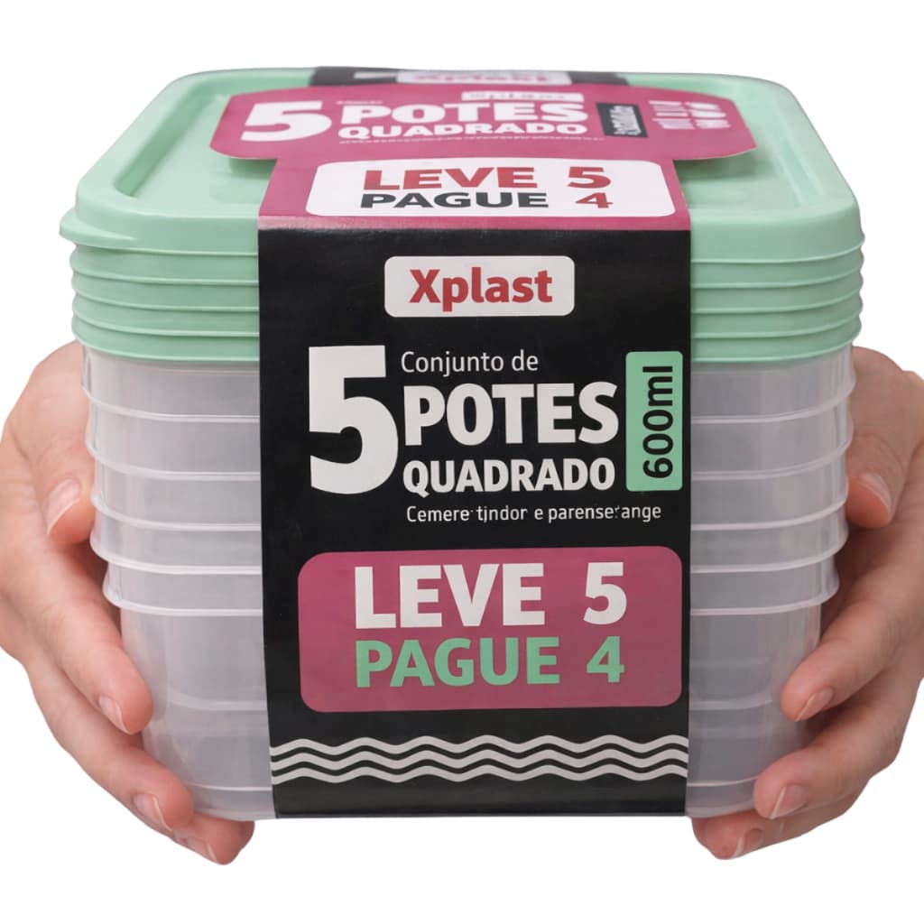 Kit Conjunto 5 Potes Quadrados 600ml  Plástico BPA Free – Microondas, Freezer e Lava-Louças Marmita