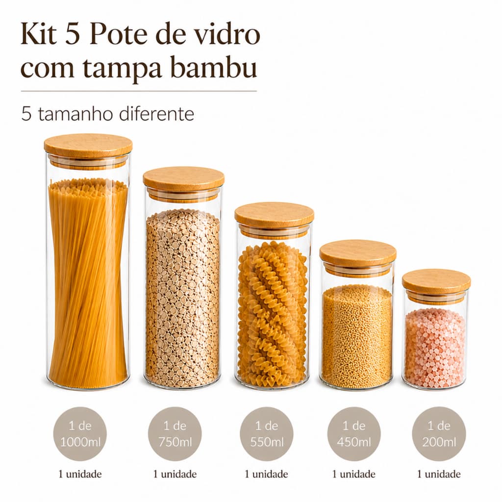Kit Com 5 Potes Vidro Com Tampa Bambu Super Vedação hermético Conjunto porta mantimento
