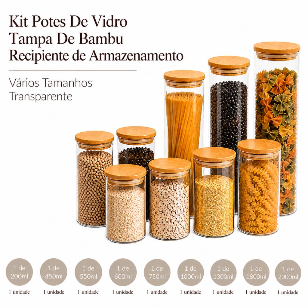 Kit Potes De Vidro Tampa De Bambu Recipiente de Armazenamento Vários Tamanhos Transparente