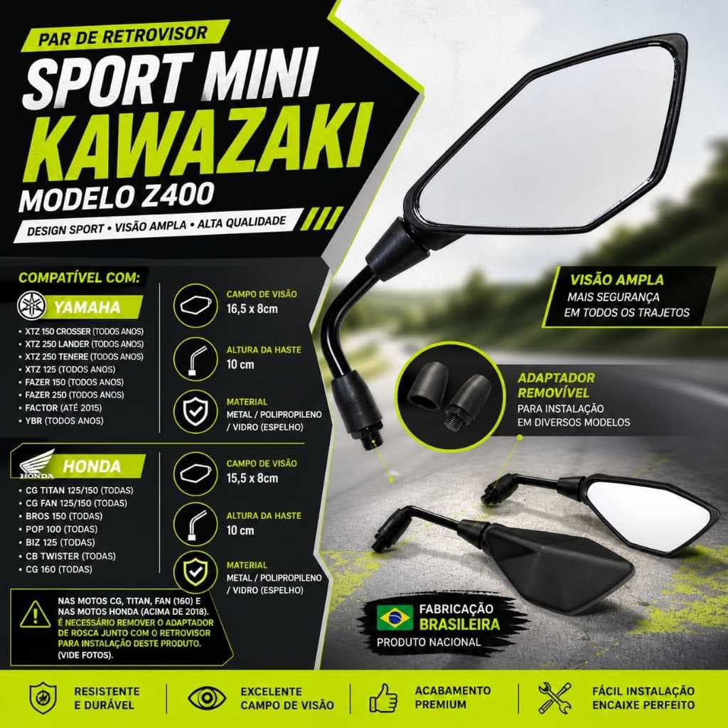 Par Retrovisor Para Motos Honda/Yamaha Fazer Factor Twister Cg Titan Fan 125 160 Modelo z400 Kawazaki Mini Sport Par