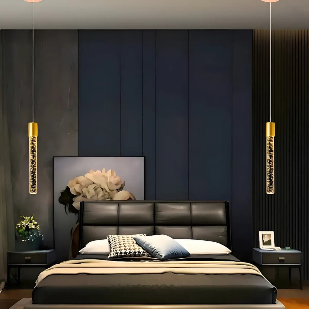 Pendente Moderno Led Tubo Cristal Bolhas Dourado Cabo 2m Luz