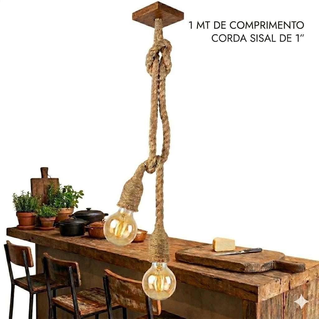 PENDENTE LUMINARIA CORDA DE SISAL RUSTICA, ARTESANAL. SEM LAMPADA.