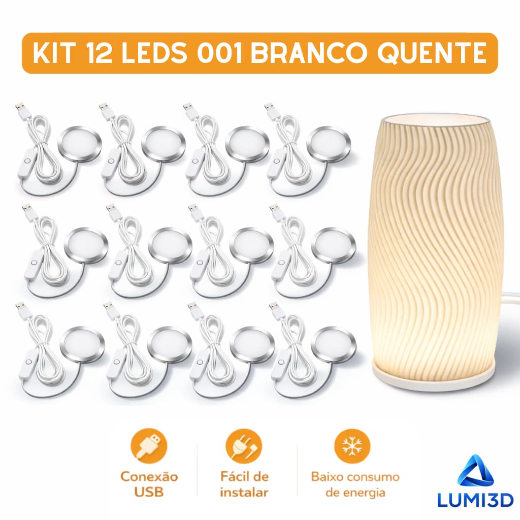 Kit 12x LED 001 Branco Quente USB 5V para Impressora 3D Bambu Lab Projeto DIY