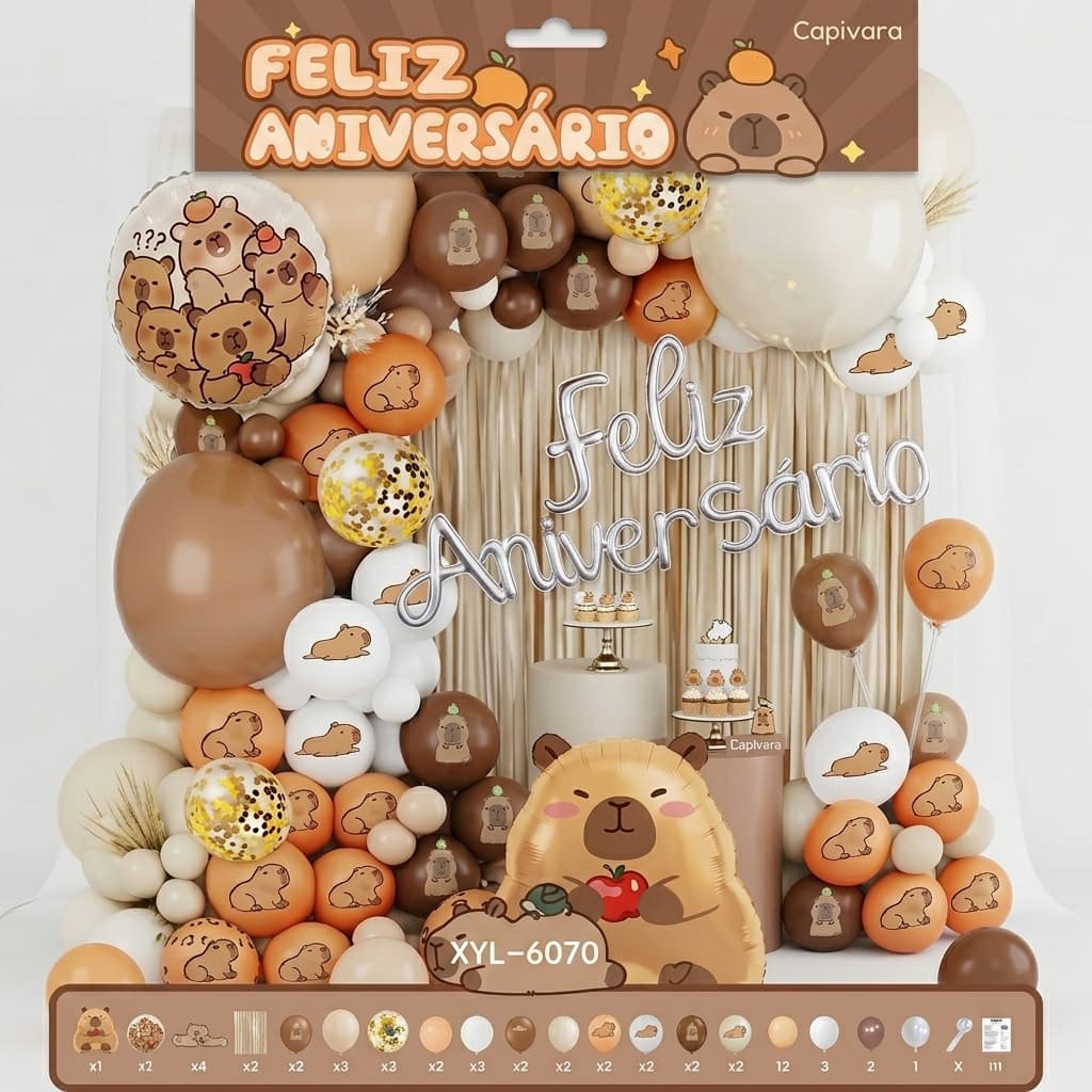 Kit Decoração Capivara Kawaii 83 Peças Balões Metalizado Estampado Cortina Painel Aniversário