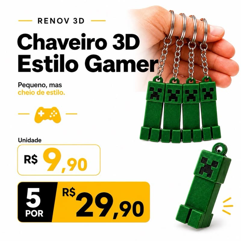 Chaveiro Gamer 3D Estilo Pixel Verde