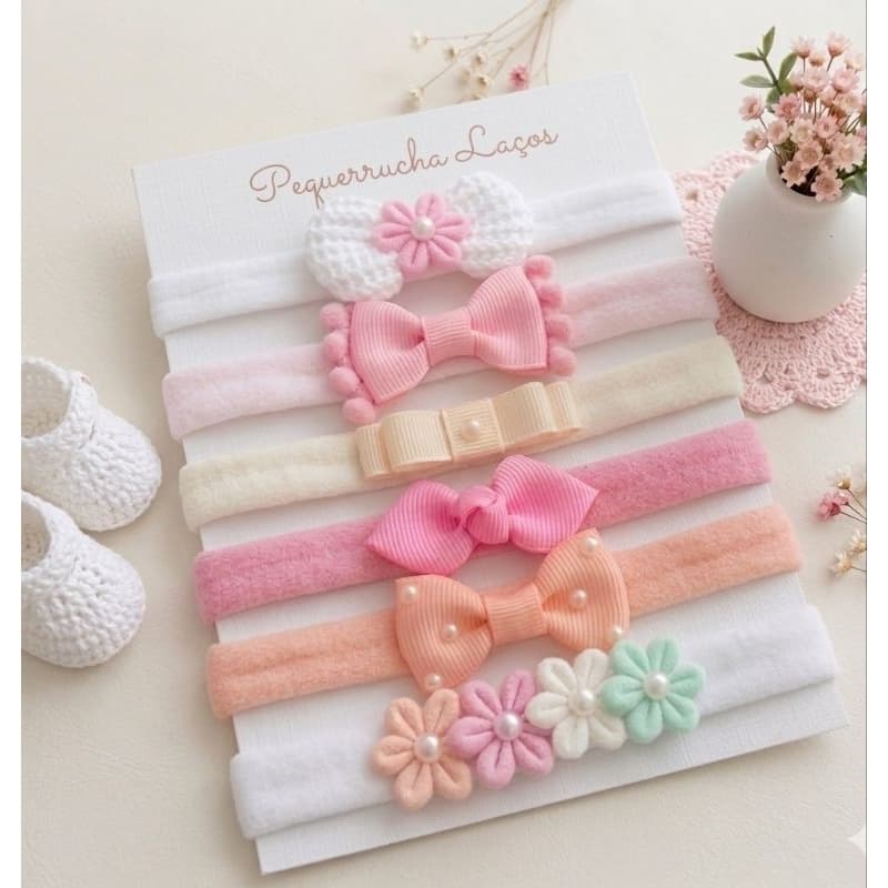 Kit 6 Laços Bebê Menina Luxo Primeiros Lacinhos Maternidade Faixinha Meia de Seda RN Pérolas Flores Enxoval