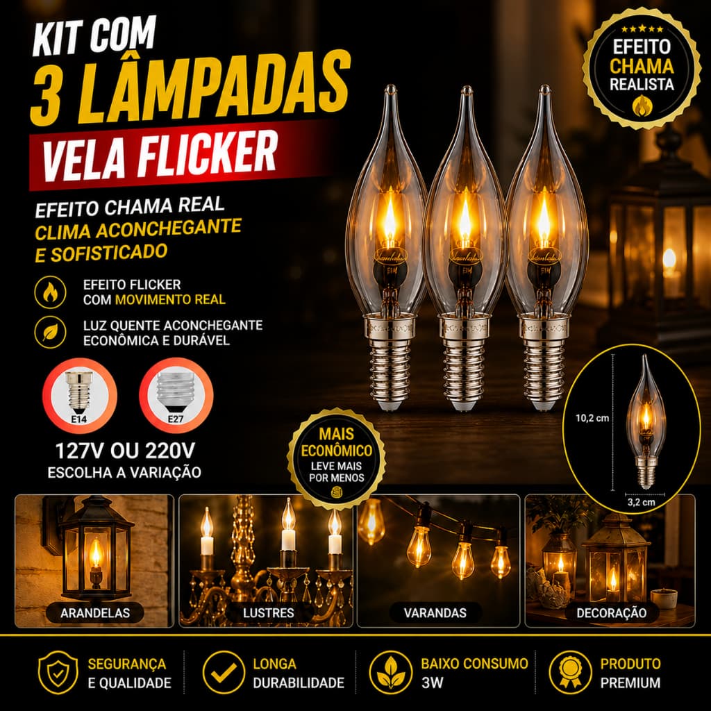 Kit 3 Lâmpadas Decorativas Efeito Chama Vela Flicker Sadokin