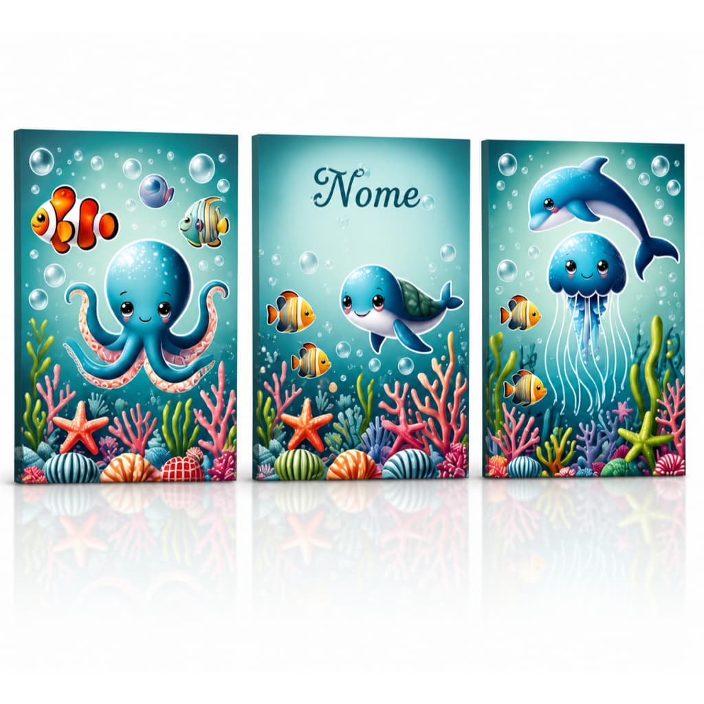 Kit 3 Quadros Infantil Personalizado com Nome Fundo do Mar Decoração Quarto Bebê Menino Menina MDF
