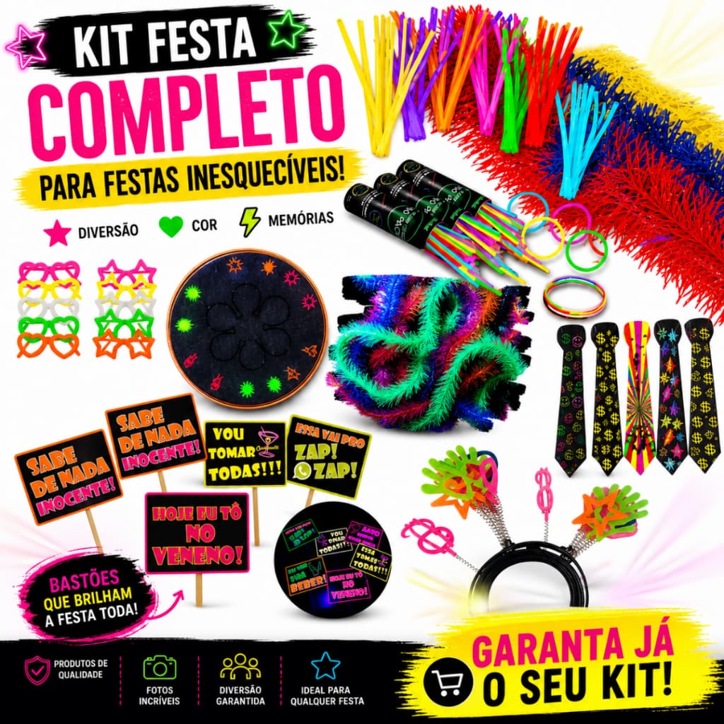 Kit Festa Neon com 290 Peças – Pulseiras, Óculos, Tiaras, Gravatas, Plaquinhas e Marabus Comemorativa