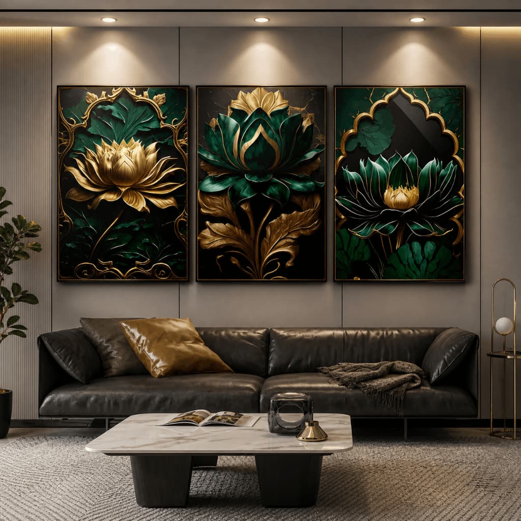Kit 3 Quadros Decorativos Flor de Lótus Verde Dourado Luxo Sala Quarto MDF