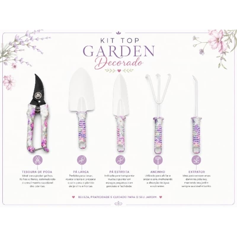 Kit Jardinagem 5 Peças Top Garden Decorado Floral Pá Tesoura Ancinho Extrator Presente