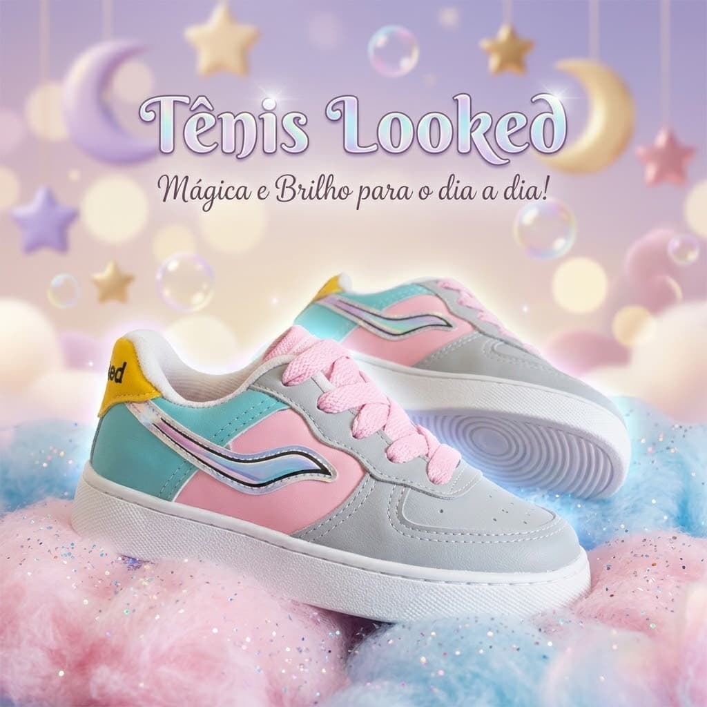 Tênis Casual Infantil Feminino Chama Holográfica Tons Pastel Conforto Menina Estiloso Luxo